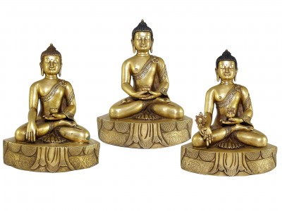 Statue Set Of Shakyamuni Buddha, Amitabha Buddha And Medicine Buddha In Bronze Finishing