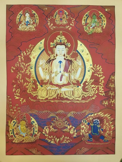 Tibetan Avalokiteshvara Chenrezig Thangka Painting White Tara, Amitabha Green Tara Manjushri And Vajrapani [variation 1]