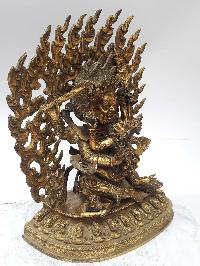 Statue Of Sitting Mahakal With Consort, [shakti], Yab-yum [full Fire Gold Plated], And [antique Finishing]