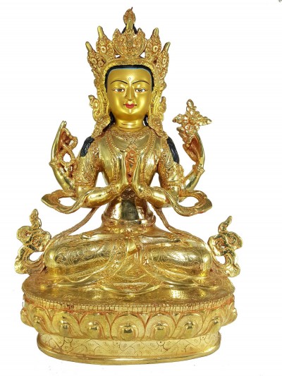 Statue Of Chenrezig [full Fire Gold Plated] And [painted Face]