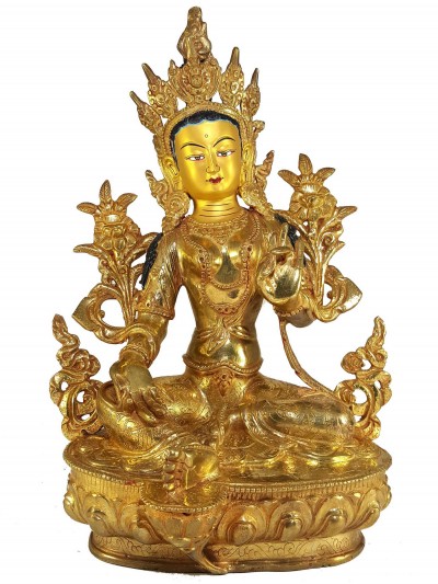 Statue Of Green Tara [full Fire Gold Plated] And [painted Face]