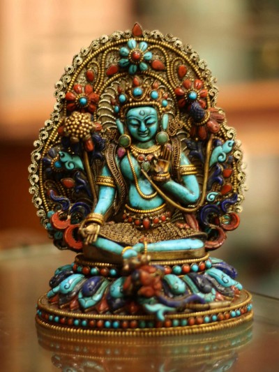 [turquoise And Lapis], Green Tara Statue Of [metal Setting]