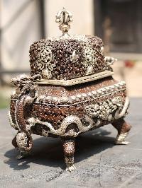 Copper Dragon Incense Burner Silver Plated Copper Oxidized, [makal, Maka, Incense Burner]