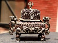Copper Dragon Incense Burner Silver Plated Copper Oxidized, [makal, Maka, Incense Burner]