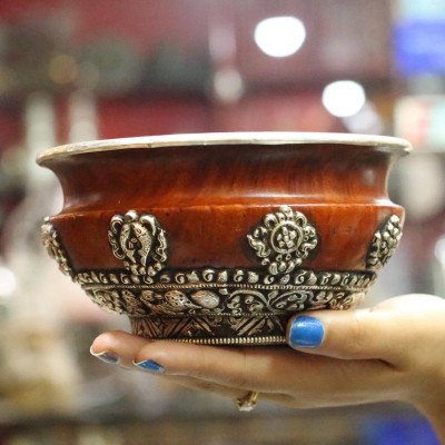 Bhutanese Wooden Offering Bowl, With Sterling Silver Plate With Carving, [sold]
