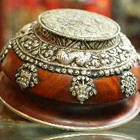 Bhutanese Wooden Offering Bowl, With Sterling Silver Plate With Carving, [sold]