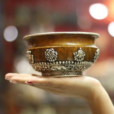 Bhutanese Wooden Offering Bowl, With Sterling Silver Plate With Carving, [sold]