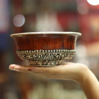 Bhutanese Wooden Offering Bowl, With Sterling Silver Plate With Carving, [sold]