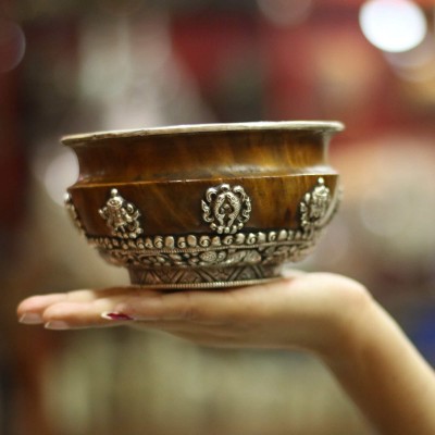 Butanese Wooden Offering Bowl, With Sterling Silver Plate With Carving, [sold]