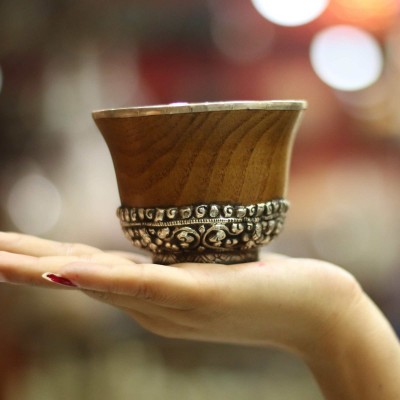 Butanese Wooden Offering Bowl, With Sterling Silver Plate With Carving., [sold]