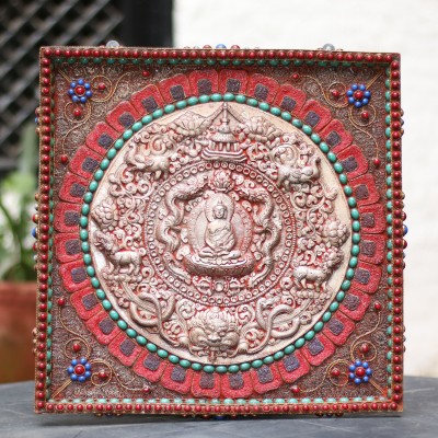Amitabha Buddha Wooden Wall Hanging With [siku Design] And [metal Setting]