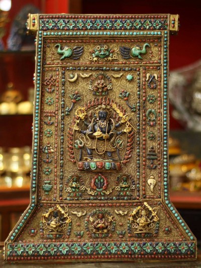 6 Arms Mahakala Wall Hanging With [metal Setting], [siku Design], [stone Setting], And [gold Plated], Cheppu On Top And Mahakala As Main Motive And Ashtamangala On Sides