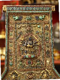 6 Arms Mahakala Wall Hanging With [metal Setting], [siku Design], [stone Setting], And [gold Plated], Cheppu On Top And Mahakala As Main Motive And Ashtamangala On Sides