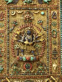 6 Arms Mahakala Wall Hanging With [metal Setting], [siku Design], [stone Setting], And [gold Plated], Cheppu On Top And Mahakala As Main Motive And Ashtamangala On Sides