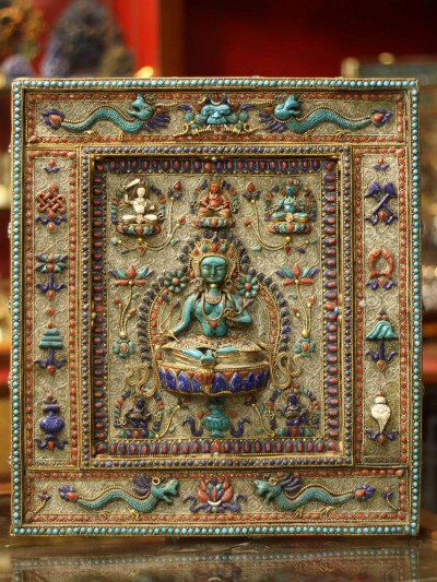Green Tara Wall Hanging With [metal Setting], [siku Design], [stone Setting], And [gold Plated], Cheppu On Top And Green Tara As Main Motive And Ashtamangala On Sides