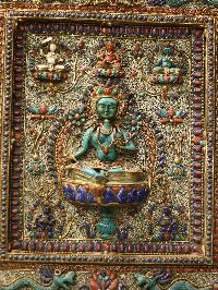 Green Tara Wall Hanging With [metal Setting], [siku Design], [stone Setting], And [gold Plated], Cheppu On Top And Green Tara As Main Motive And Ashtamangala On Sides