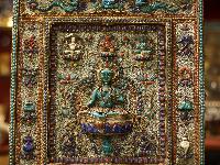 Green Tara Wall Hanging With [metal Setting], [siku Design], [stone Setting], And [gold Plated], Cheppu On Top And Green Tara As Main Motive And Ashtamangala On Sides
