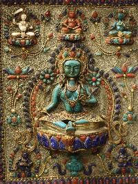 Green Tara Wall Hanging With [metal Setting], [siku Design], [stone Setting], And [gold Plated], Cheppu On Top And Green Tara As Main Motive And Ashtamangala On Sides