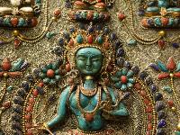 Green Tara Wall Hanging With [metal Setting], [siku Design], [stone Setting], And [gold Plated], Cheppu On Top And Green Tara As Main Motive And Ashtamangala On Sides