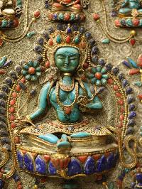 Green Tara Wall Hanging With [metal Setting], [siku Design], [stone Setting], And [gold Plated], Cheppu On Top And Green Tara As Main Motive And Ashtamangala On Sides