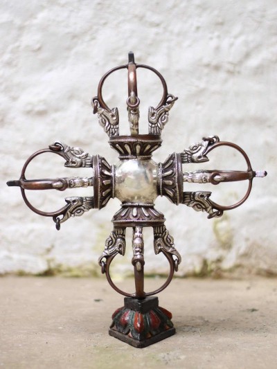 Double Dorje, Vishow Vajra, Silver Plated Oxidized