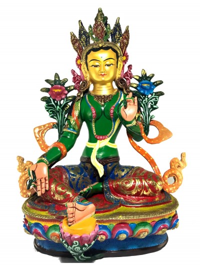 Statue Of Green Tara [gold Plated] And [traditional Color Finishing]