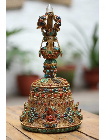 Tibetan Bell With Siku Design Gold Plated And Real Inlaid Stones