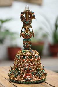 Tibetan Bell With Siku Design Gold Plated And Real Inlaid Stones
