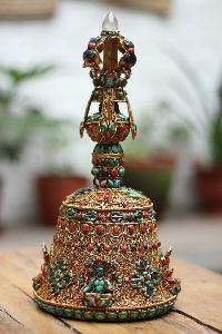 Tibetan Bell With Siku Design Gold Plated And Real Inlaid Stones