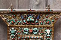 Chengrezig Wooden Wall Hanging With Metal And [stone Setting], [gold Plated],cheppu On Top And Chengrezig As Main Motive And Ashtamangala On Sides
