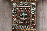 Chengrezig Wooden Wall Hanging With Metal And [stone Setting], [gold Plated],cheppu On Top And Chengrezig As Main Motive And Ashtamangala On Sides