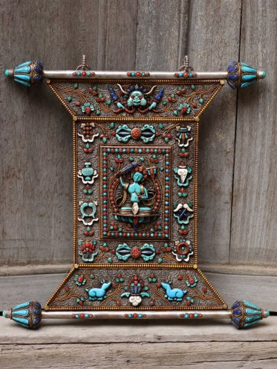 Manjushri Wooden Wall Hanging With Metal And [stone Setting], [gold Plated] . Cheppu On Top And Manjushri As Main Motive And Ashtamangala On Sides