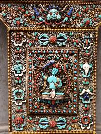 Manjushri Wooden Wall Hanging With Metal And [stone Setting], [gold Plated] . Cheppu On Top And Manjushri As Main Motive And Ashtamangala On Sides