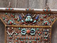 Manjushri Wooden Wall Hanging With Metal And [stone Setting], [gold Plated] . Cheppu On Top And Manjushri As Main Motive And Ashtamangala On Sides