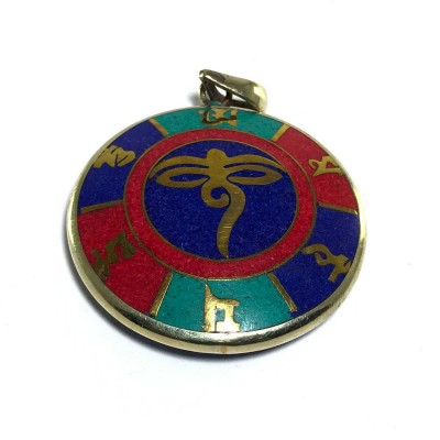 Tibetan Om Mani Padme Hum Metal Pendant With Stone Setting