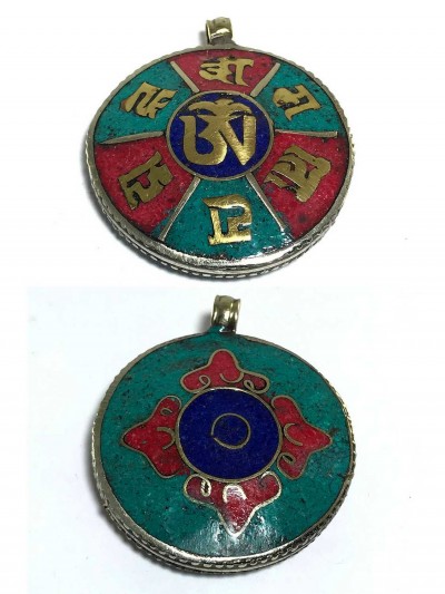 Tibetan Om Mani Padme Hum And Vishwa Vajra Metal Pendant With Stone Setting