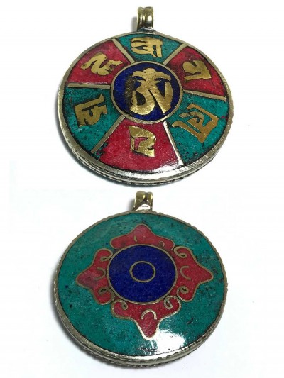 Tibetan Om Mani Padme Hum And Vishwa Vajra Metal Pendant With Stone Setting