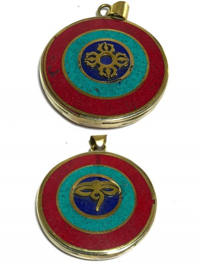 Tibetan Buddha Eye And Vishwa Metal Pendant With Stone Setting
