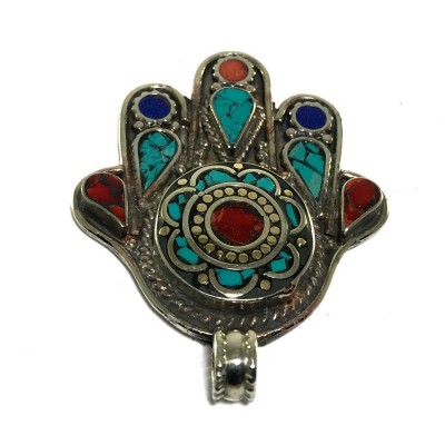 Tibetan Hand Design Metal Pendant With Stone Setting