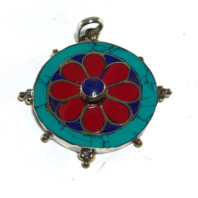 Tibetan Flower Metal Pendant With Stone Setting