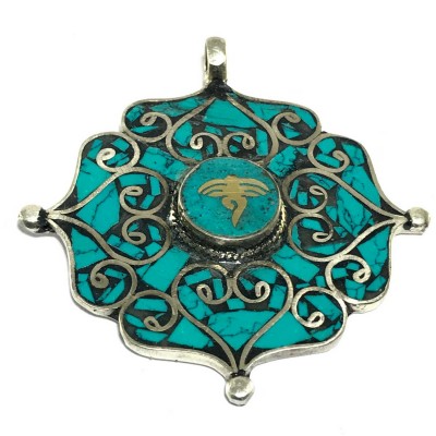 Tibetan Double Dorje Metal Pendant With Stone Setting