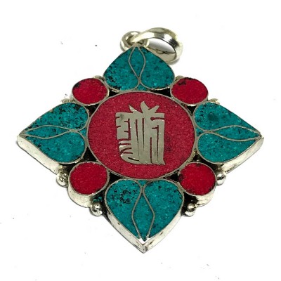 Tibetan Double Dorje And Kalachakra Metal Pendant With Stone Setting