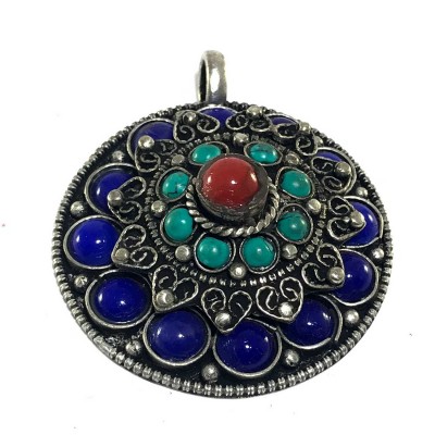 Tibetan Multi Layer Flower Design Metal Pendant With Stone Setting