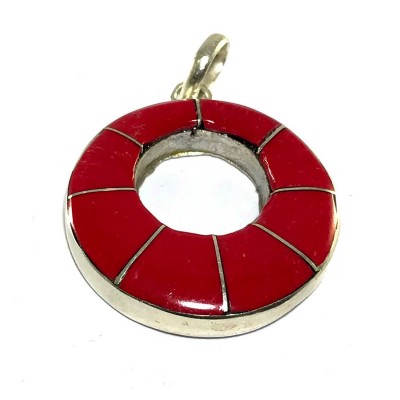 Tibetan Oval Red Metal Pendant With Stone Setting