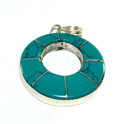 Tibetan Oval Tourquise Metal Pendant With Stone Setting
