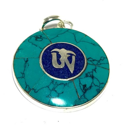 Tibetan Om Metal Pendant With Stone Setting