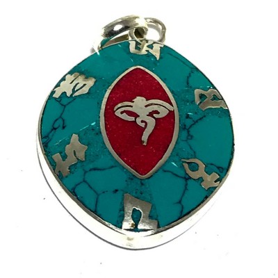 Tibetan Om Mani Padme Hum And Buddha Eye Metal Pendant With Stone Setting
