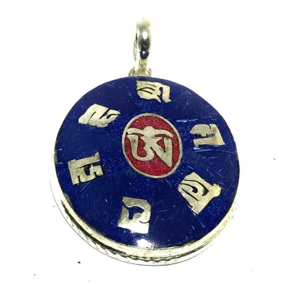 Tibetan Om Mani Padme Hum Metal Pendant With Stone Setting