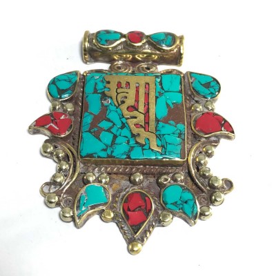 White Metal Om Mani Padme Hum Pendant With Stone Setting