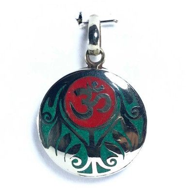 White Om Metal Pendant With Stone Setting